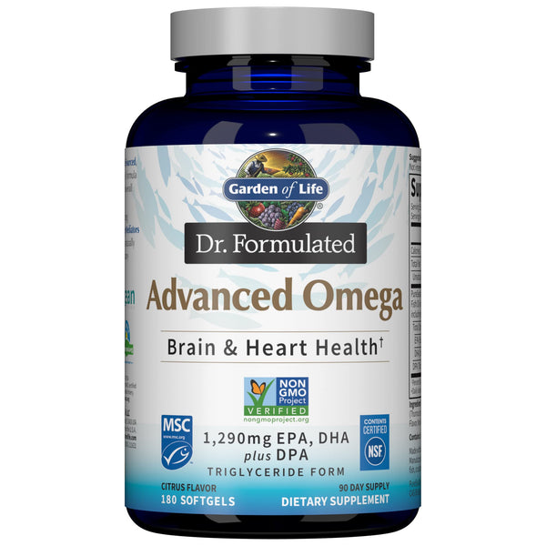 Garden of Life Dr. Formulated Advanced Omega Fish Oil, 1,290mg EPA DHA & DPA in Triglyceride Form - Omega 3 Fish Oil Supplement for Heart Health & Brain Support, Non-GMO, Citrus Flavored, 180 Softgels