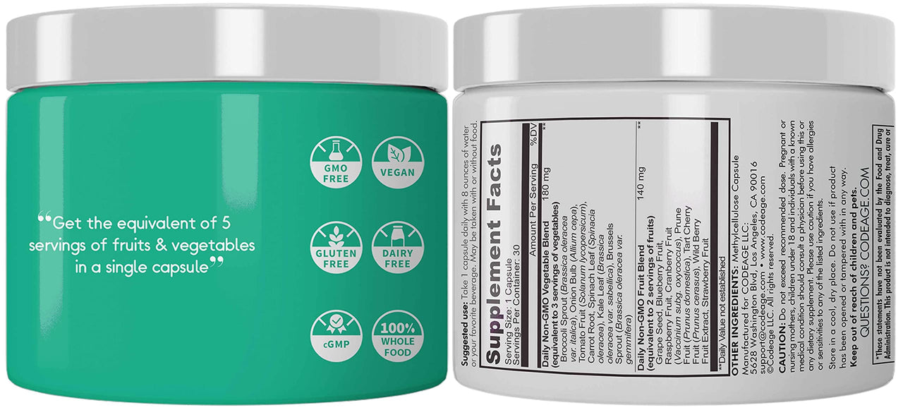 Codeage 5 Servings of Fruits & Veggies Equivalent in 1 Single Capsule, Whole Food Non-GMO, 15 Greens & Fruits All-in-One Pill, Eat Vegetables for Wellness Vegan Vitamins Supplement, 60 ct