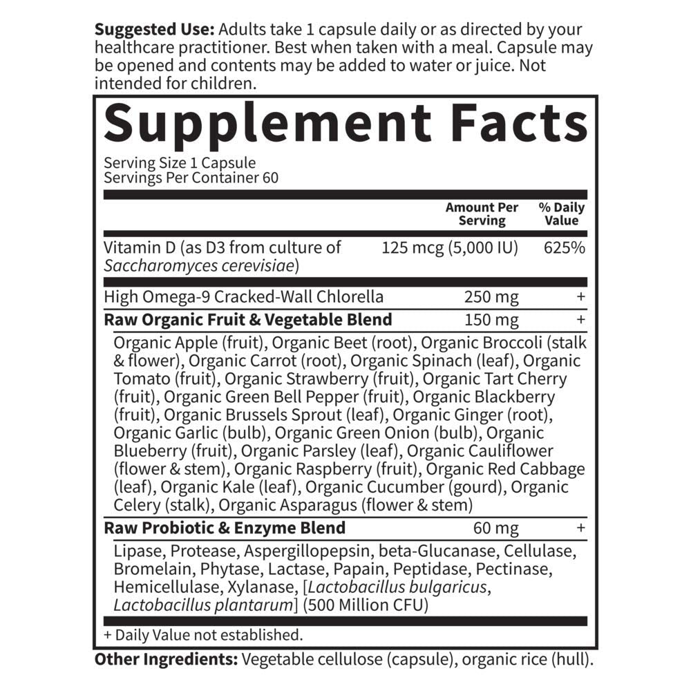 Garden of Life Vitamin D, Vitamin Code Raw D3, Vitamin D 5,000 IU, Raw Whole Food Supplements with Chlorella, Fruit, Veggies & Probiotics for Bone & Immune Health, 60 Vegetarian Capsules
