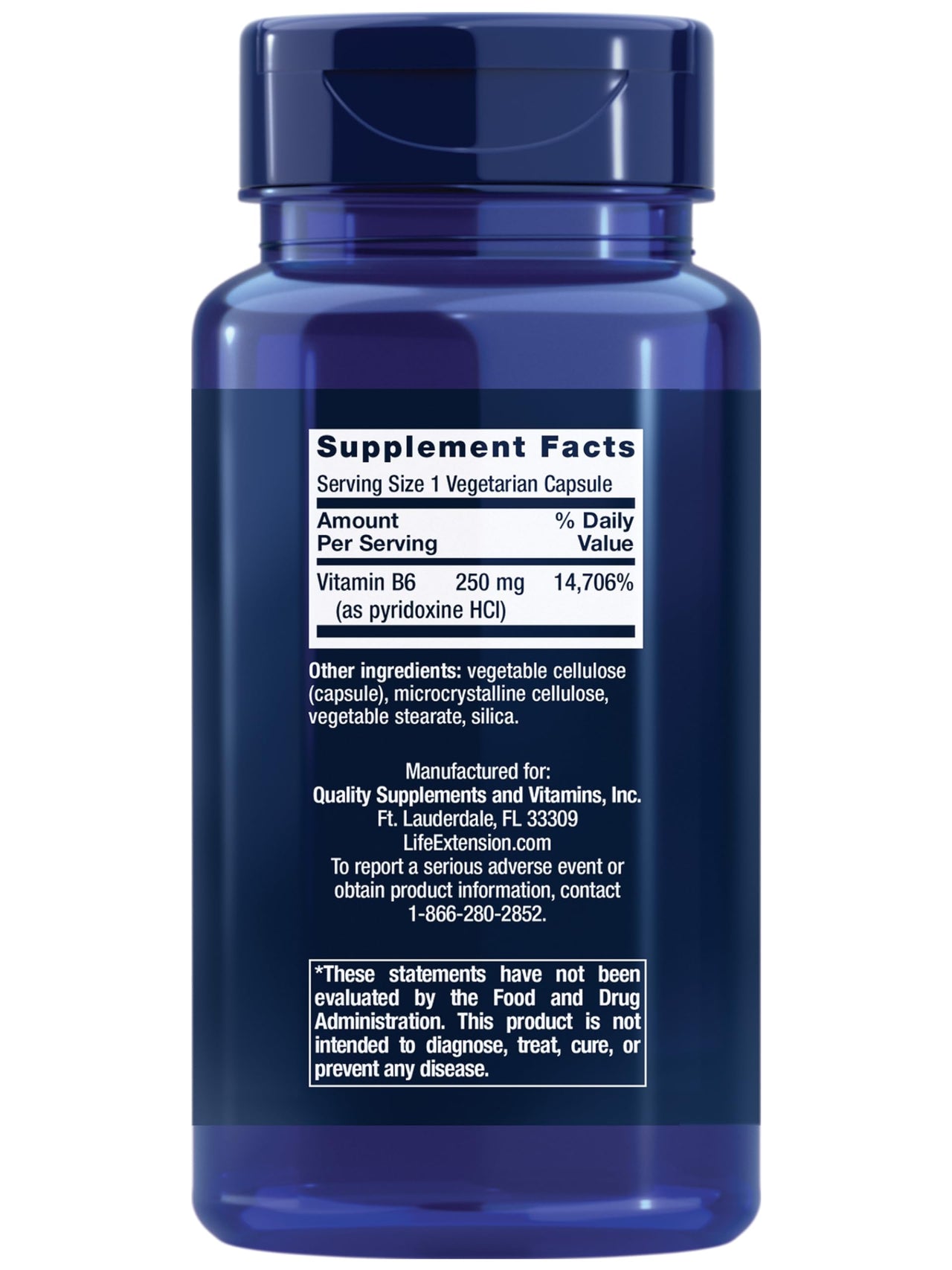 Life Extension Vitamin B6, 250 mg, high Potency, Cardiovascular Health, neurological Health, Eye Health, Healthy Kidney Function, Gluten-Free, Non-GMO, Vegetarian, 100 Capsules