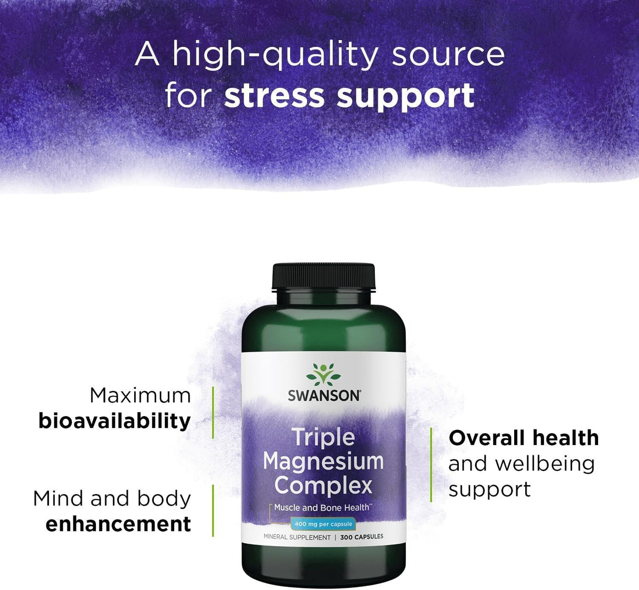 Swanson Triple Magnesium Complex - 400mg Supplement for Optimal Bone Health and Absorption - Citrate, Oxide, and Aspartate - Triple Magnesium Supplement (300 Capsules)