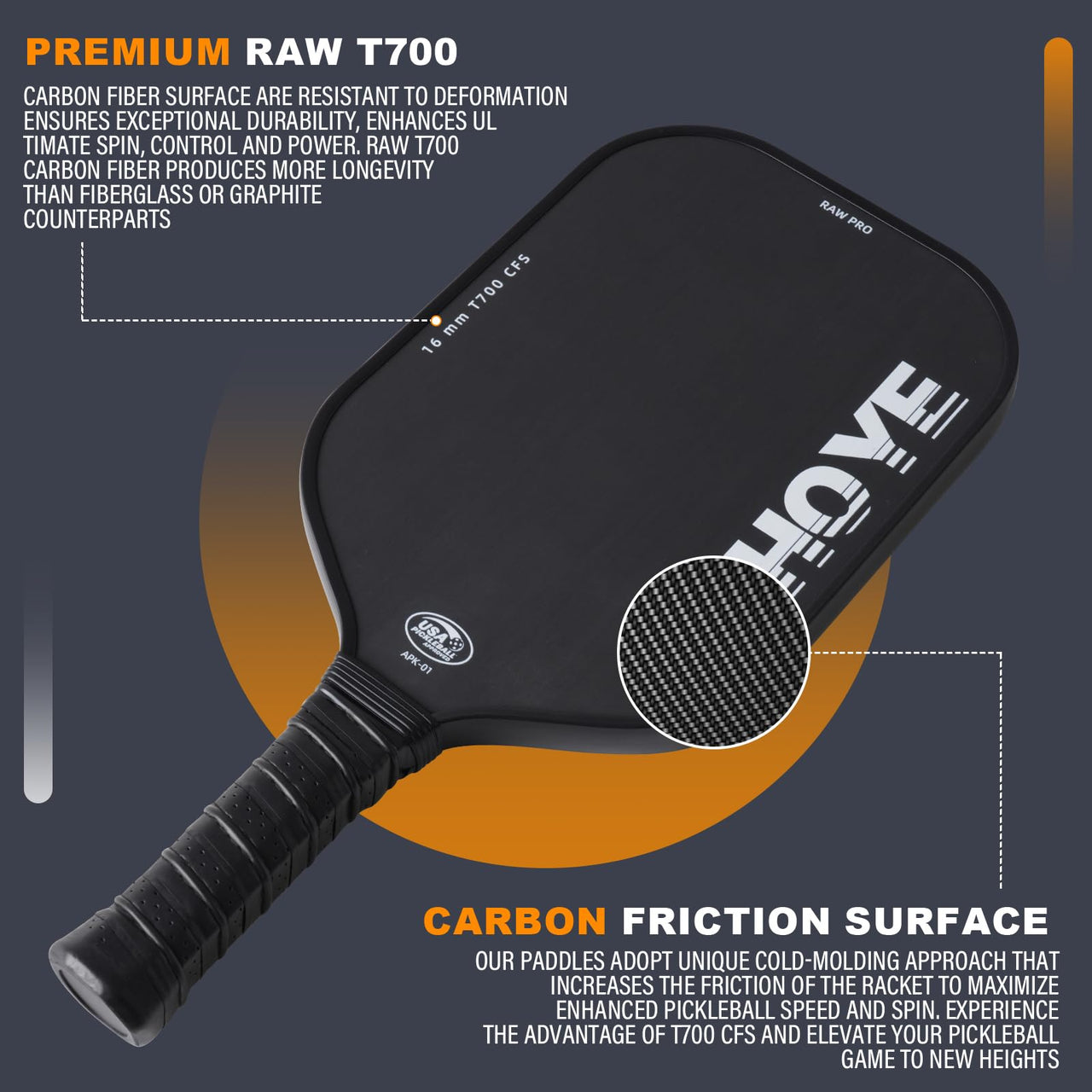 Aihoye PRO Pickleball Paddles- Raw T700 Carbon Fiber Textured Surface (CFS) with High Grit & Spin, Pickleball Paddles Set of 2 with 16MM Polypropylene Honeycomb Core, USAPA Approved