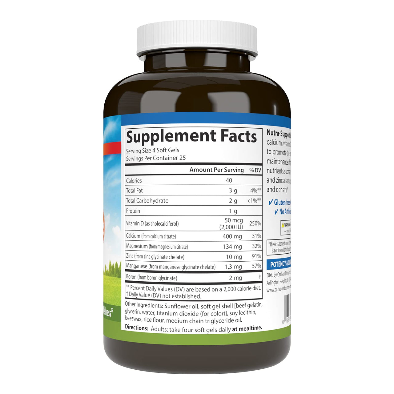 Carlson - Nutra-Support Bone, Calcium, Magnesium & Vitamin D3, Bone Health, Calcium Absorption & Optimal Wellness, 100 Softgels