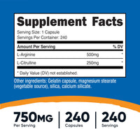 Thumbnail for Nutricost L-Arginine L-Citrulline Complex 750mg, 240 Capsules - Non-GMO