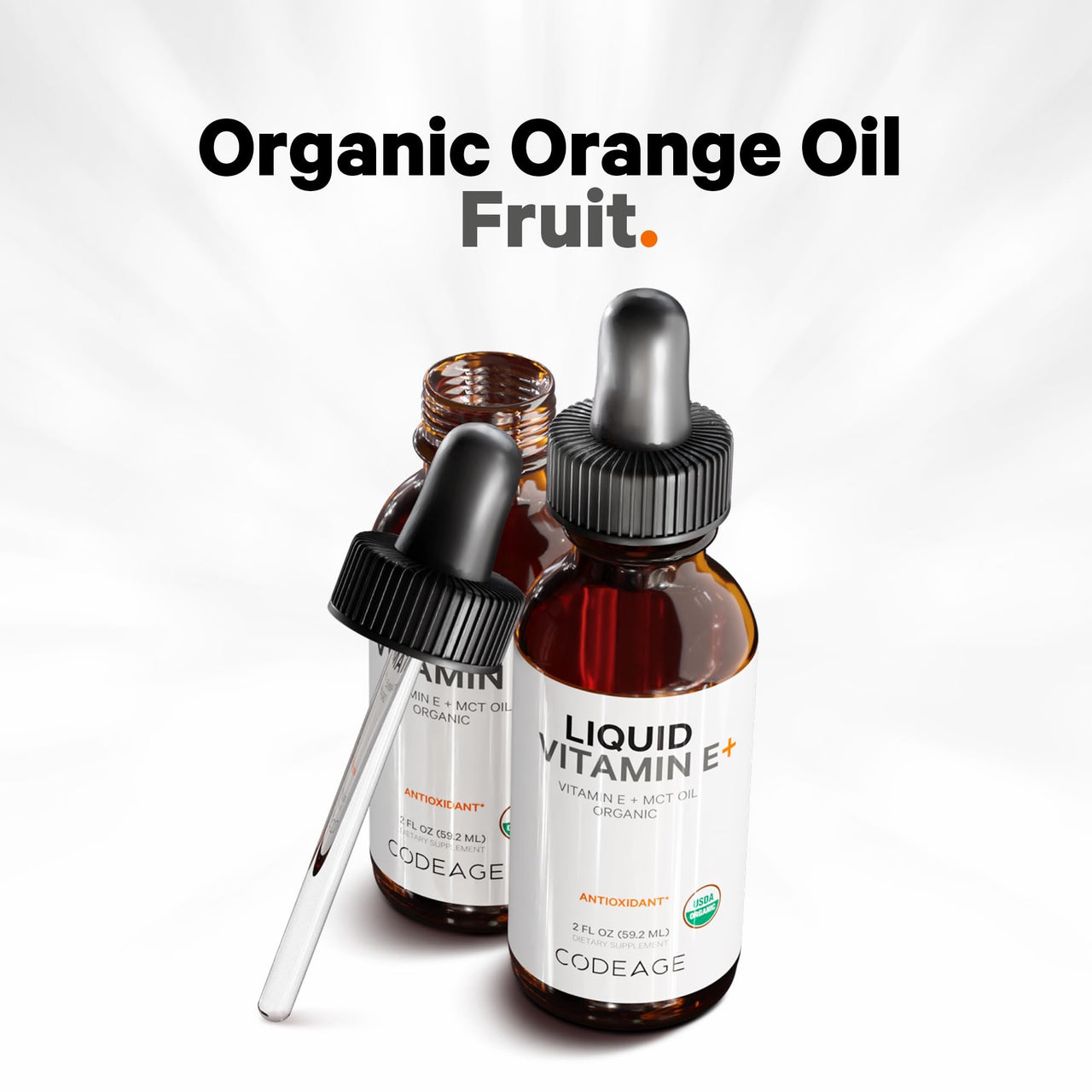 Codeage Liquid Vitamin E+ - USDA-Certified Organic Vitamin E - 2-Month Supply - D-Alpha Tocopherol Acetate, Organic MCT Oil, Orange Fruit Oil, Unflavored, Non-GMO, Vegan, Gluten-Free, 2 fl oz