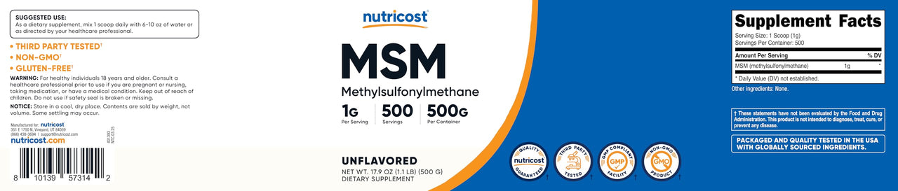 Nutricost Pure MSM Powder 500 Grams (Methylsulfonylmethane)
