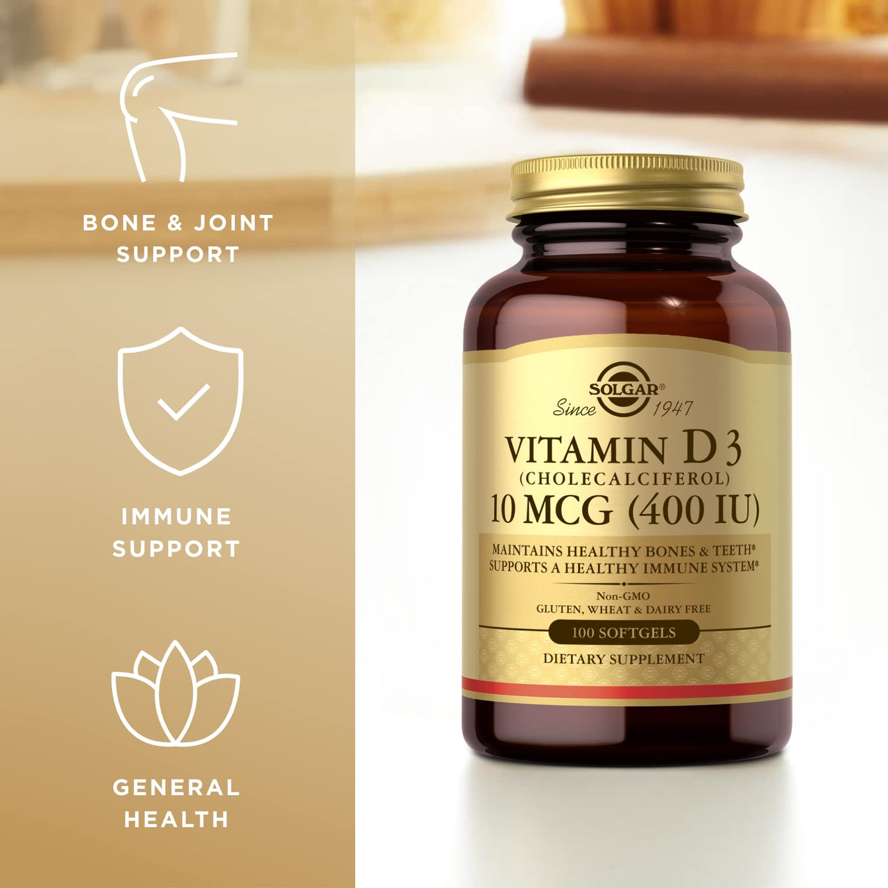 Solgar Vitamin D3 (Cholecalciferol) 10 MCG (400 IU), 100 Softgels - Helps Maintain Bones & Teeth - Immune System Support - Non-GMO, Gluten Free, Dairy Free - 100 Servings