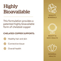 Thumbnail for Solgar Chelated Copper, 100 Tablets - Essential for Collagen Formation - Highly Bioavailable Form - Supports Connective Tissue - Non-GMO, Vegan, Gluten Free, Dairy Free, Kosher - 100 Servings
