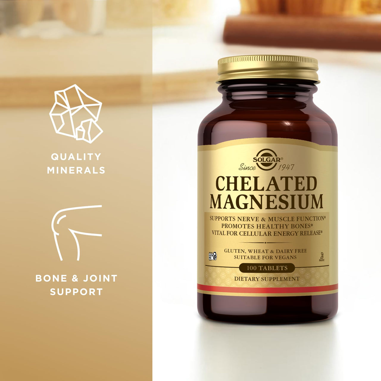 Solgar Chelated Magnesium - 100 Tablets - Supports Nerve & Muscle Function - Non-GMO, Vegan, Gluten Free, Dairy Free, Kosher - 25 Servings