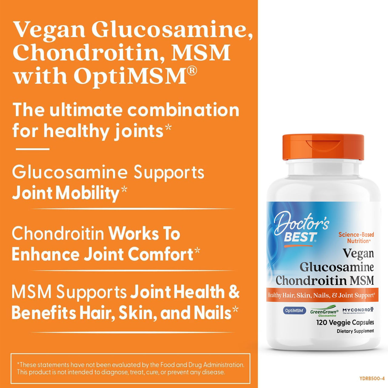 Doctor's Best Vegan Glucosamine Chondroitin MSM - Joint Health Support Supplement for Women & Men, Nutritional Support for Joint Strength, Hair, Skin, & Nails, Gluten Free, Non GMO - 120 Veg Capsules