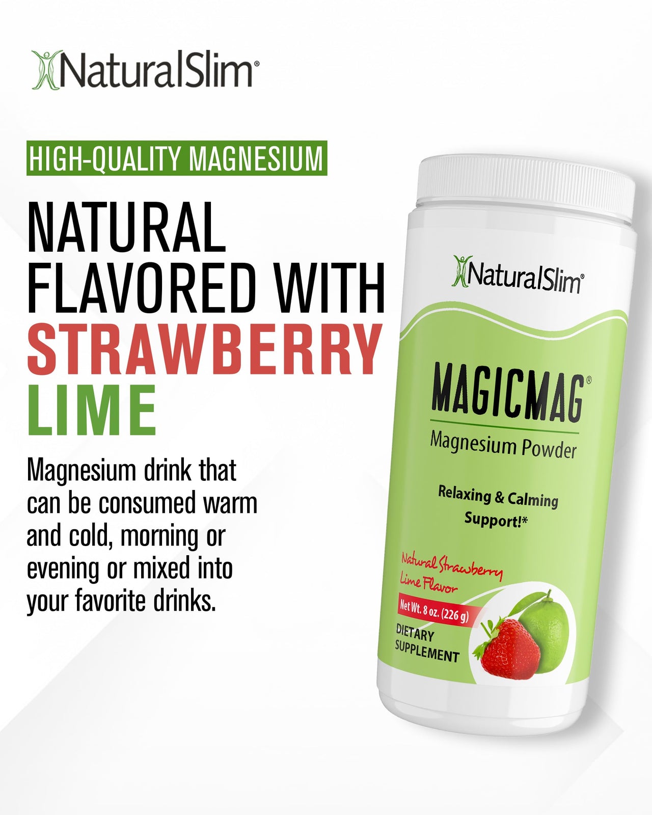 NaturalSlim MagicMag Magnesium Citrate Powder Drink for Relaxation, Stress, Constipation, Better Rest & Digestive Health, Magnesium Supplement for Women and Men, Strawberry & Lime Flavored 8oz