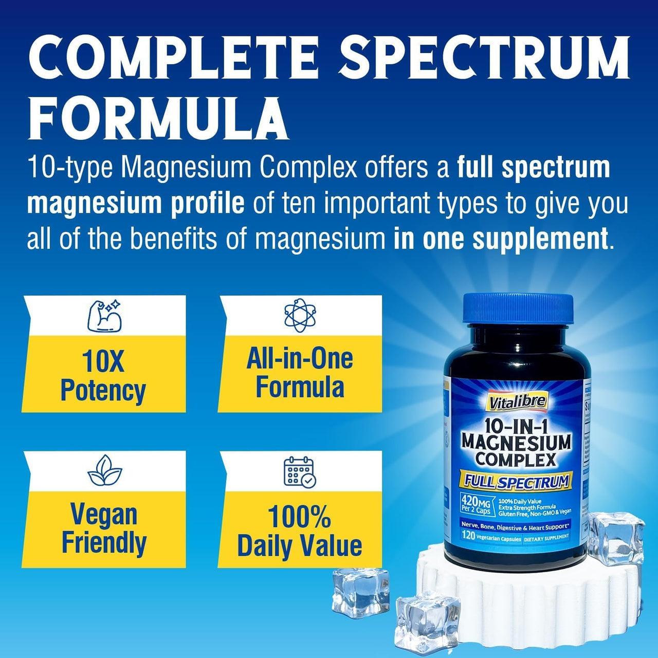 Vitalibre 10 in 1 Magnesium Complex, 420mg Elemental Magnesium | Ultra Strength, Max Absorption | Chelated Magnesium Supplement for Nerves, Bone & Heart Health | Non-GMO, 120 Vegan Capsules