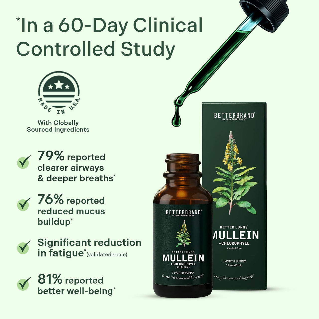 Betterbrand Mullein Drops for Lung Detox - Mullein Leaf Tincture with Chlorophyll - Helps Support Respiratory Health, Alcohol-Free, 1 Month Supply - 60ml