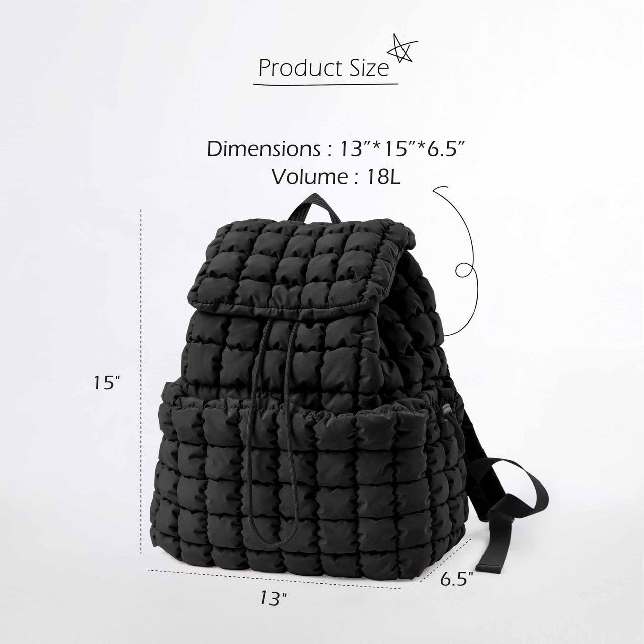 ODODOS Quilted Backpack 2.0 for Women Lightweight Puffer Hiker Pack Drawstring Padding Travel Gym Bag, Black