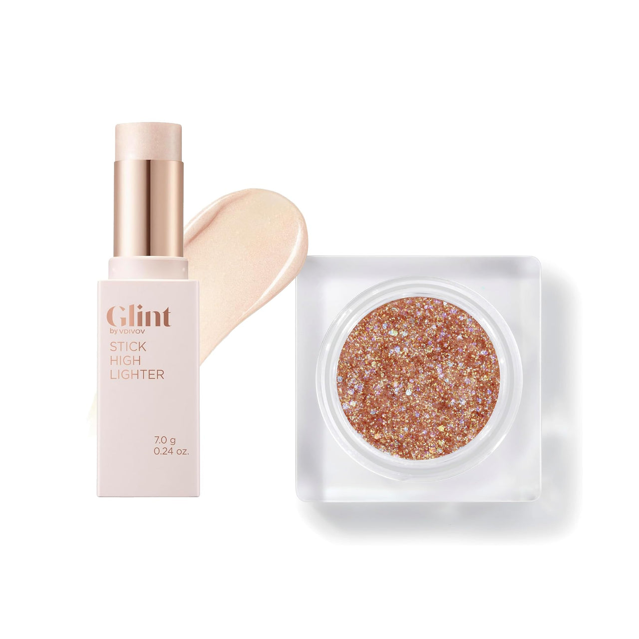 Glint Glitter Gel (Rum N Sugar, 0.13oz)& Stick Highlighter (Dewy Moon, 0.24oz) - Multi-Use Body Makeup for Eyes, Cheeks, Body, and Hair by LG Beauty. Rich Pigment, Long-Lasting Sparkle/Glitter for Par