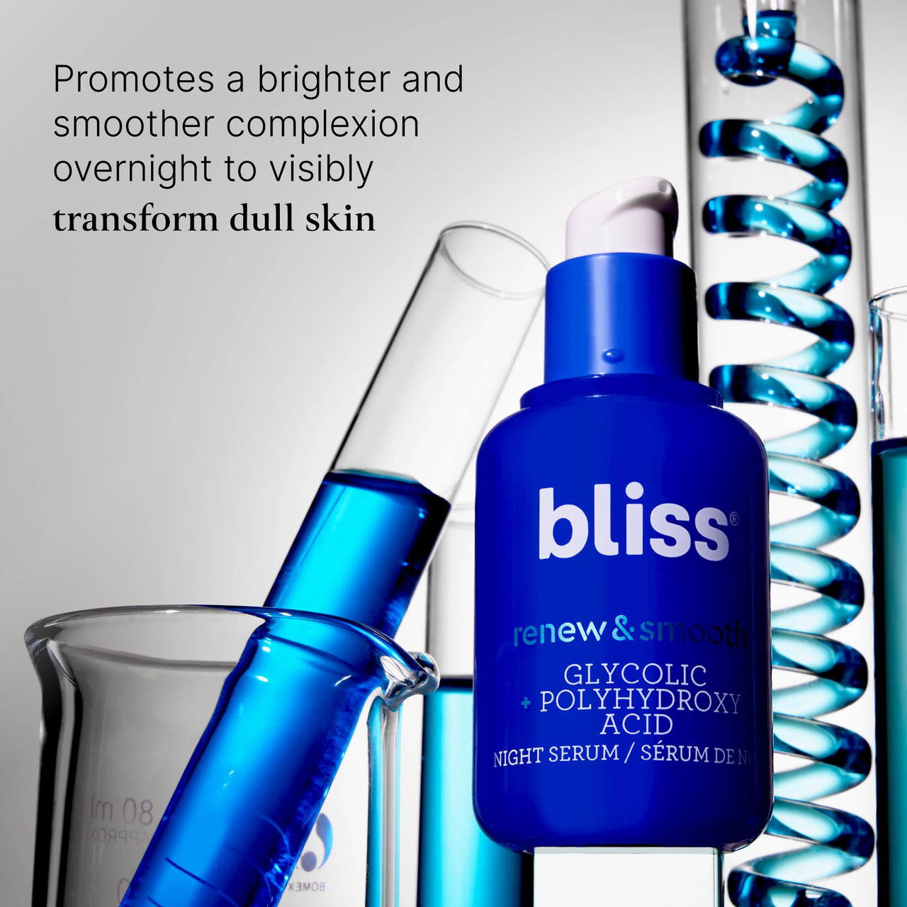 Bliss Renew & Smooth Night Serum – Glycolic Acid + Polyhydroxy Acid Exfoliating Serum – Resurfaces Skin, Smooths Texture & Brightens Tone Overnight – 1 Fl Oz