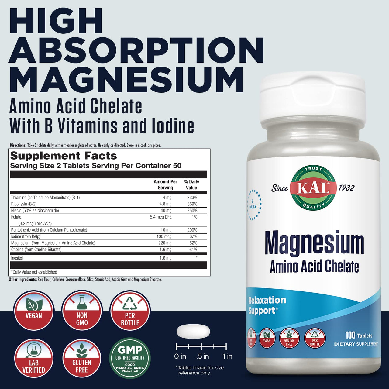 Kal 220 Mg Magnesium Chelated Tablets, 100 Count