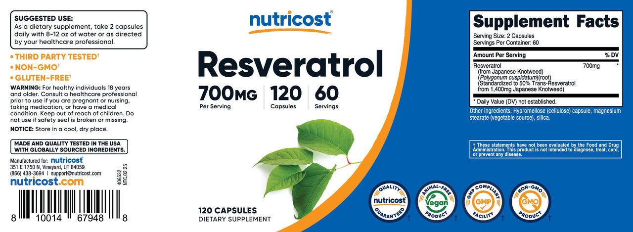 Nutricost Resveratrol 700mg, 120 Capsules - Vegan, Gluten Free, Non-GMO