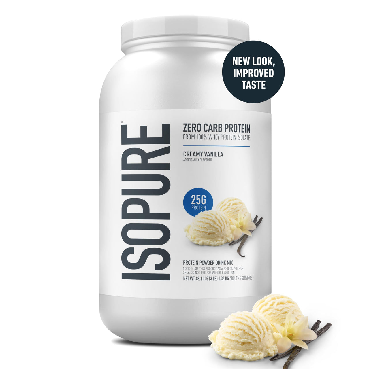 Isopure Zero Carb 100% Pure Whey Isolate Protein Powder, Gluten Free, with Vitamins, Creamy Vanilla, 25g Protein Per Serving, 3 Lbs, 44 Servings (Packaging May Vary)