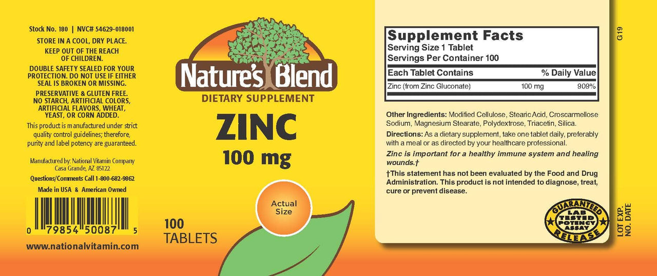 Nature's Blend Zinc Gluconate 100 mg, 100 Tablets