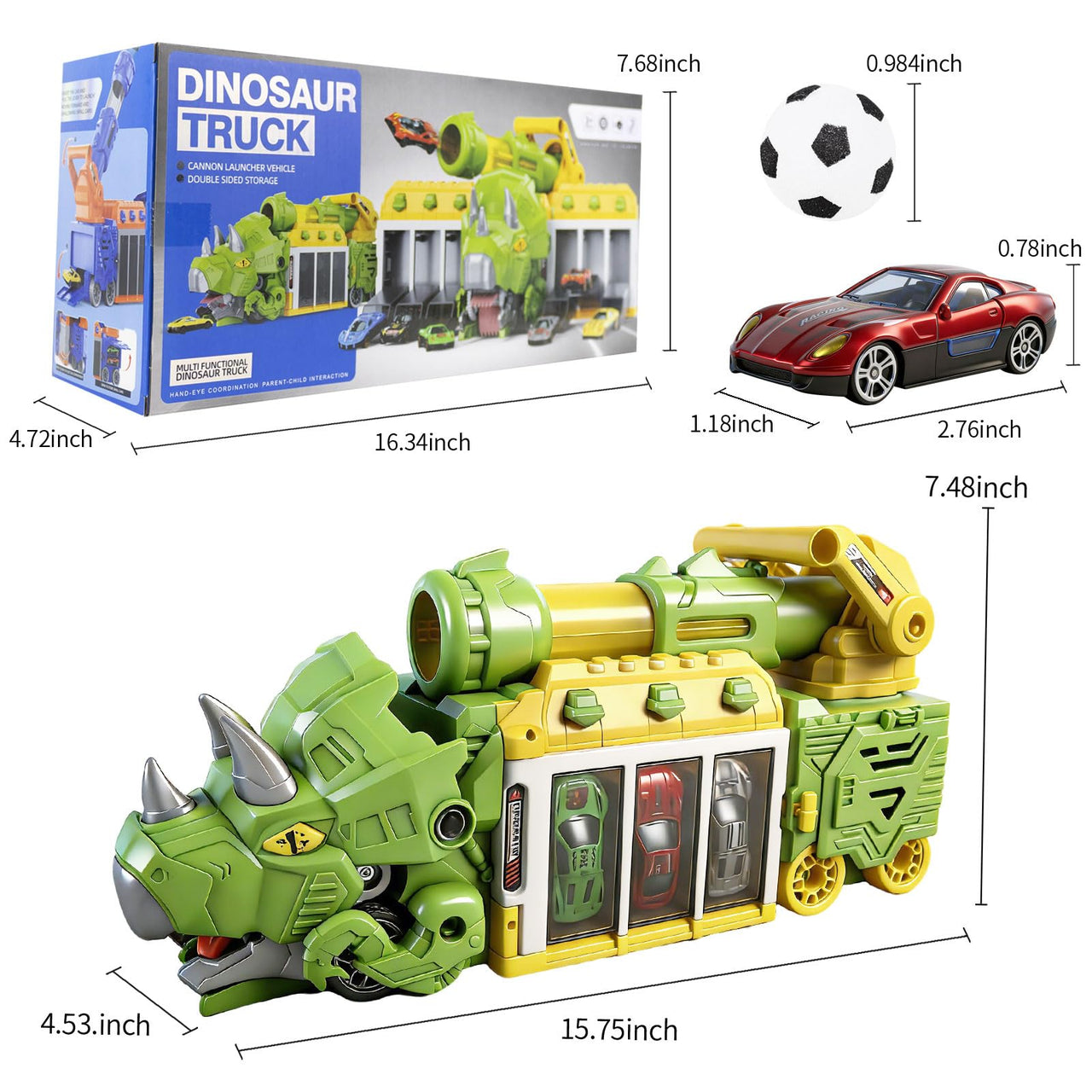 BYFWH Foldable Triceratops Truck Toy, Ejection Shooting with Storage Bay Compact Foldable Design with Shooting Launcher, 10 Cars & 12 Soft Balls, Fun for Boys & Girls 3-12