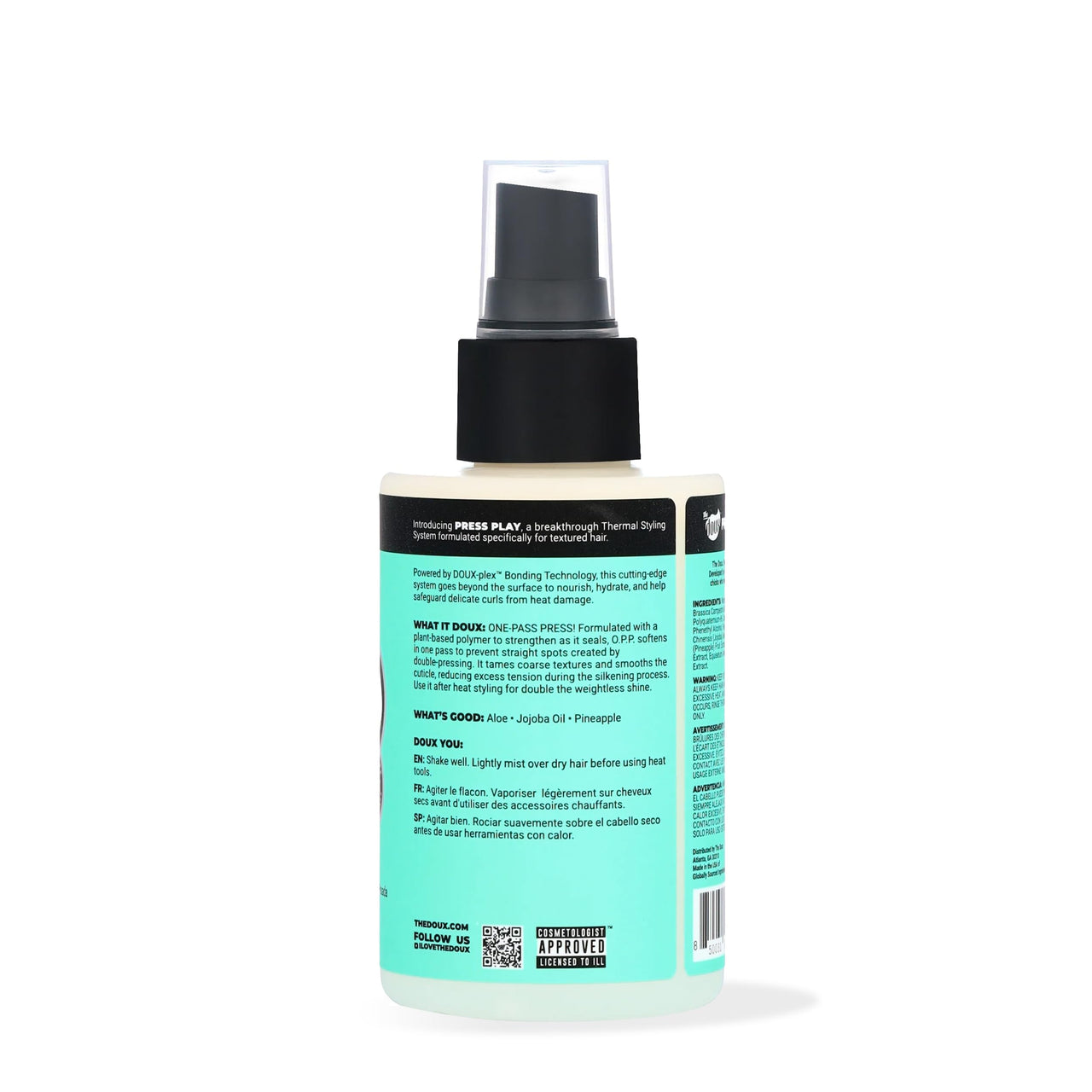 The Doux O.P.P. ONE‑PASS PRESS Heat Protection Spray for Hair – Thermal Protector with Jojoba Oil, Aloe & Pineapple – Anti‑Frizz Straightening Spray for Curly Hair & Silk Press Styles, 4 oz
