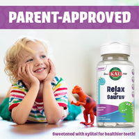 Thumbnail for KAL Relax-a-Saurus, Stress Support Supplement for Kids, L-Theanine for Children with Herbal Stress Relief & Relaxation & Blend, Delicious Natural Grape Flavor, 60-Day Guarantee, 30 Chewables