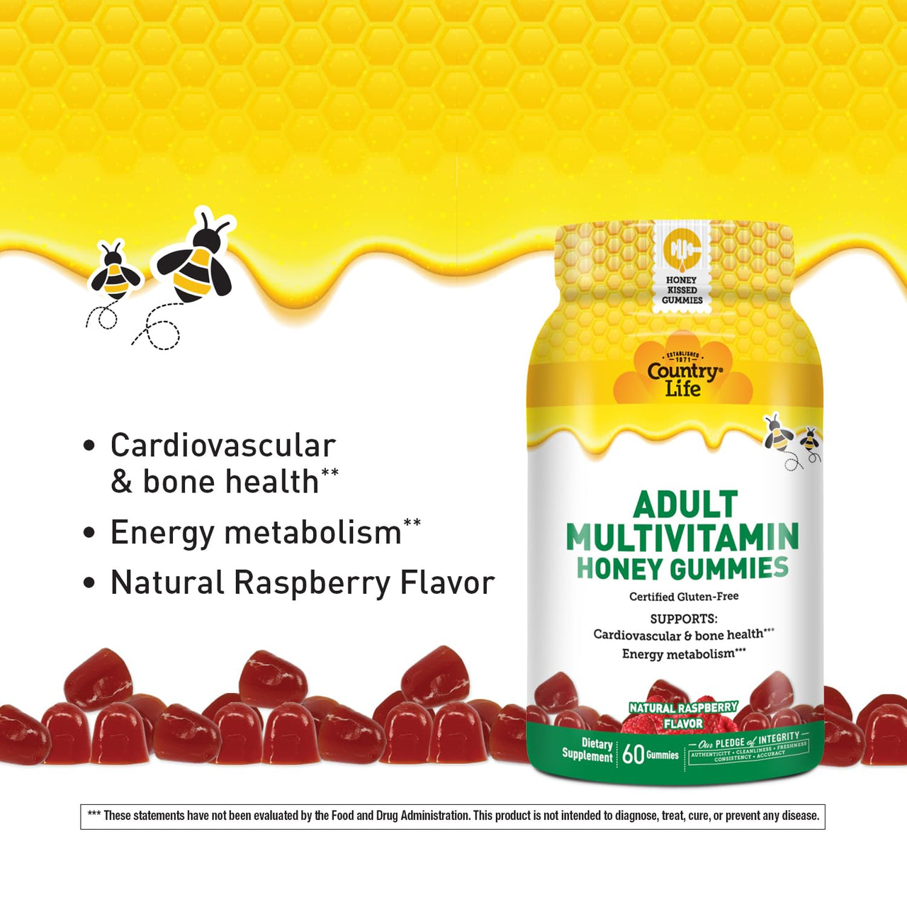 Country Life Adult Multivitamin Honey Gummies – Bone, Heart & Energy Support – Non-GMO, Certified Gluten Free, Vegetarian – Naturally Sweetened – 60 Gummies
