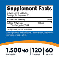 Thumbnail for Nutricost Betaine Anhydrous Capsules 1500mg, 60 Servings - Gluten Free, Non-GMO, 750mg Per Cap, 120 Capsules