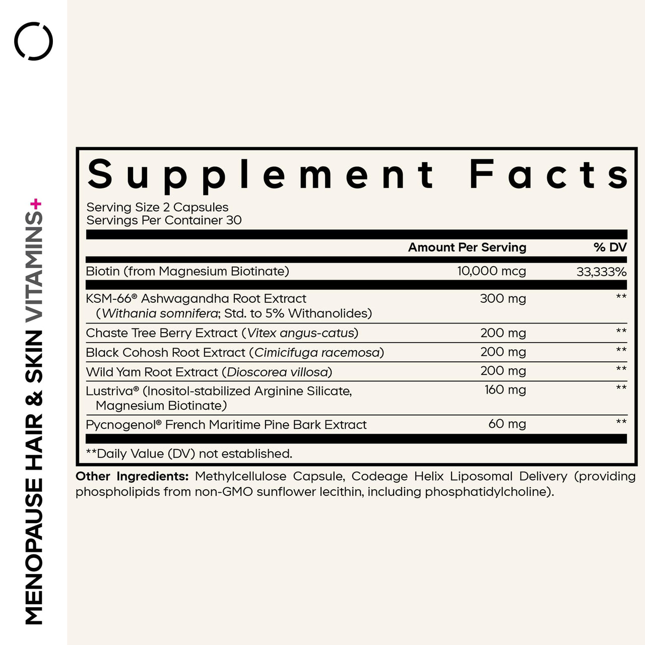 Codeage Menopause Hair & Skin Vitamins+ - Patented Lustriva, Pycnogenol, KSM-66 Ashwagandha - Hair Density Skin Perimenopause Support - Menopause Supplement - 10,000 Mcg Biotin, Wild Yam - 60 Capsules
