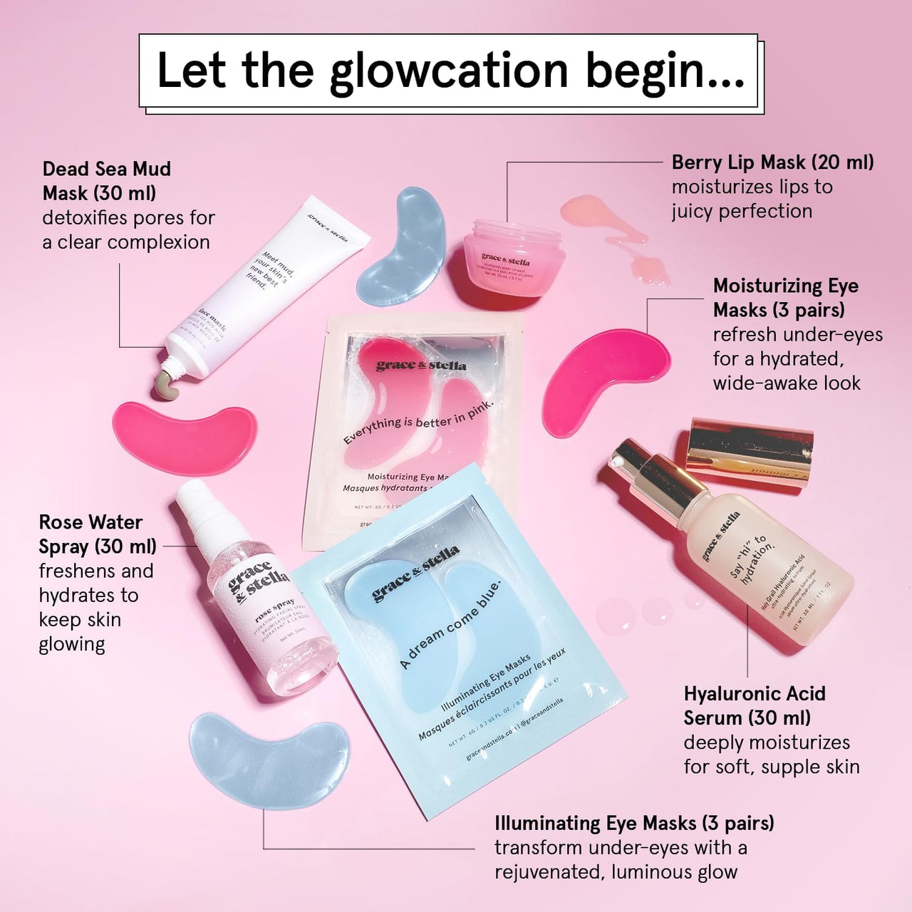 grace & stella Award Winning Skin Care Set - Gift Set for Women - Travel Essentials with Under Eye Masks, Serum, Cleanser, Lip Balm - Holiday Gift for Mom - Vegan Cruelty-Free Self Care