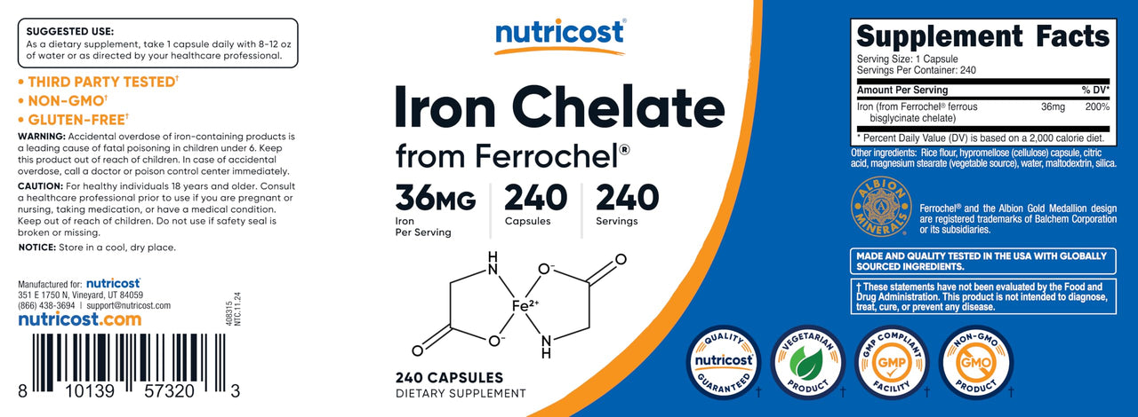 Nutricost Chelated Iron, As Ferrochel, 36mg, 240 Capsules
