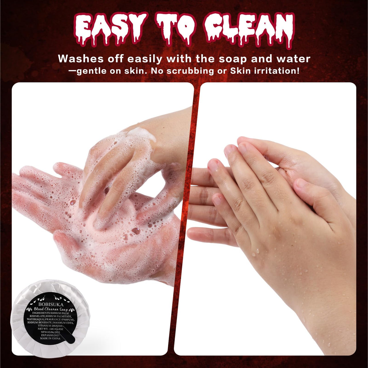 BOBISUKA 5PCS Halloween Fake Blood Kit – Dripping Fresh Blood, Dark Spray Blood, Coagulated Gel, Cleansing Soap, Stipple Sponge – Realistic Washable SFX Makeup for Zombie, Vampire Monster & Cosplay