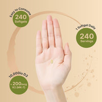 Thumbnail for NatureBell Vitamin D3 K2 (10,000 IU Vitamin D + 200mcg Vitamin K MK-7) 240 Softgels with Coconut Oil for Complete Absorption | Bone, Heart, Immune, & Calcium Support | One a Day, Non-GMO