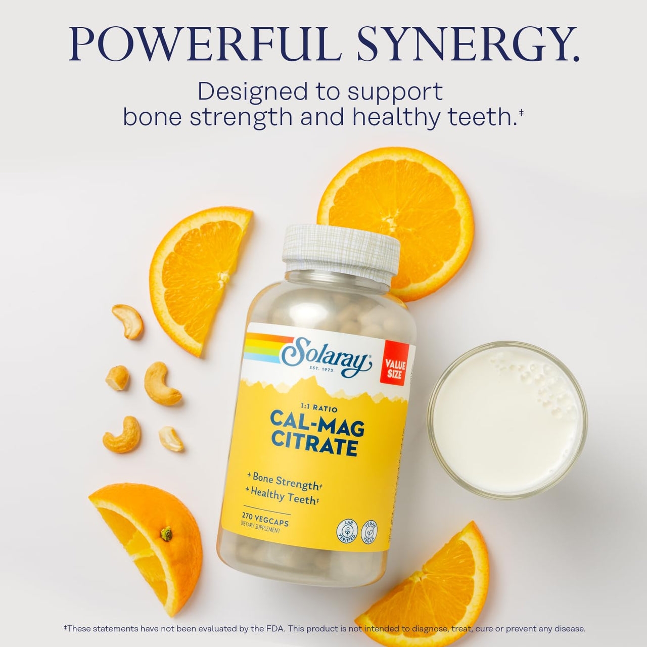 Solaray Calcium Magnesium Citrate 1000mg 1:1 Ratio, Bone Strength Supplement, Muscle, Nerve and Bone Health Support, Chelated for High Absorption, 60-Day Guarantee, 45 Servings, 270 VegCaps
