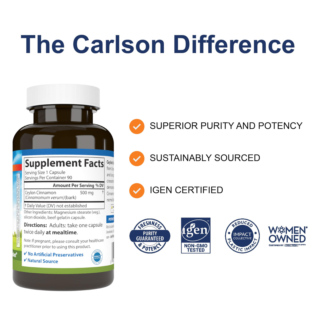 Carlson - Ceylon Cinnamon, Cinnamon Supplements, 500 mg, Cinnamon Extract Pills, Ceylon Cinnamon Capsules, 90 Capsules.