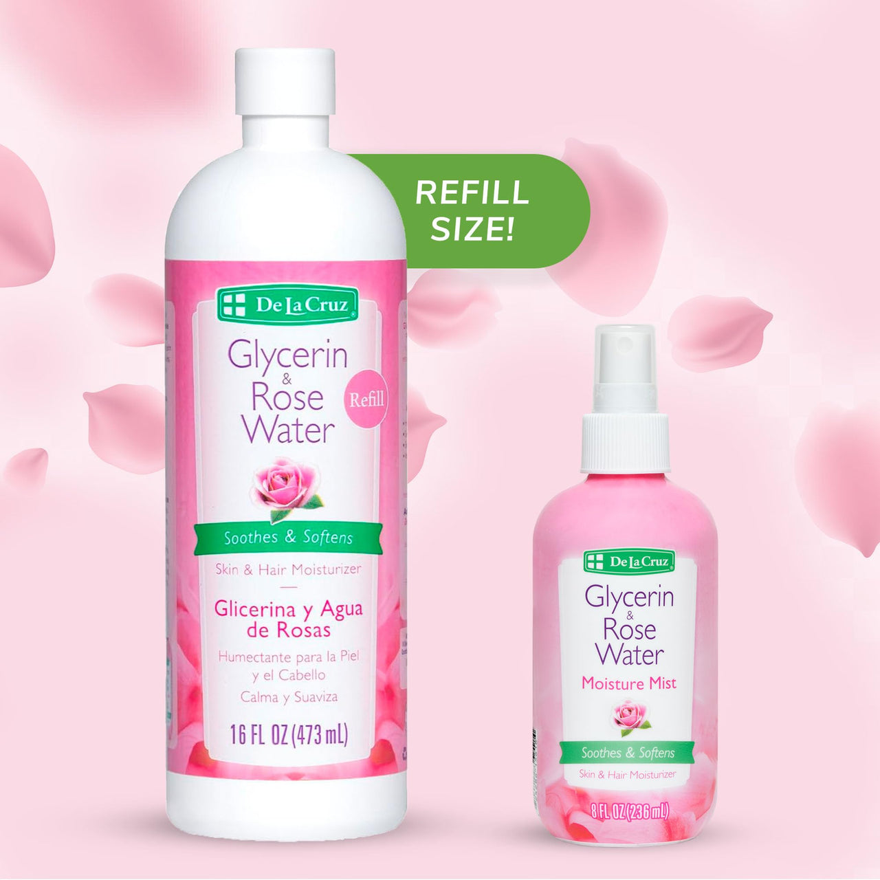 De La Cruz Rose Water and Glycerin for Face, Rosewater Facial Toner & Moisturizer for Skin & Hair, Rose Water for Hair, 2-Bottle Bundle - 16oz & 8oz, Made in USA.