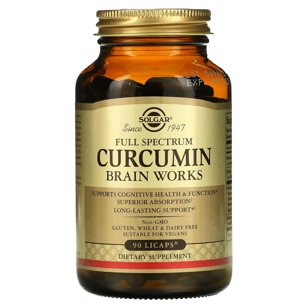 Solgar Full Spectrum Curcumin Brain Works, 90 Licaps - Support Memory Recall, Focus, Cognitive Function - Antioxidant Support - Curcumin, BacoMind, Choline, Vitamin B12 - Non-GMO, Vegan - 30 Servings