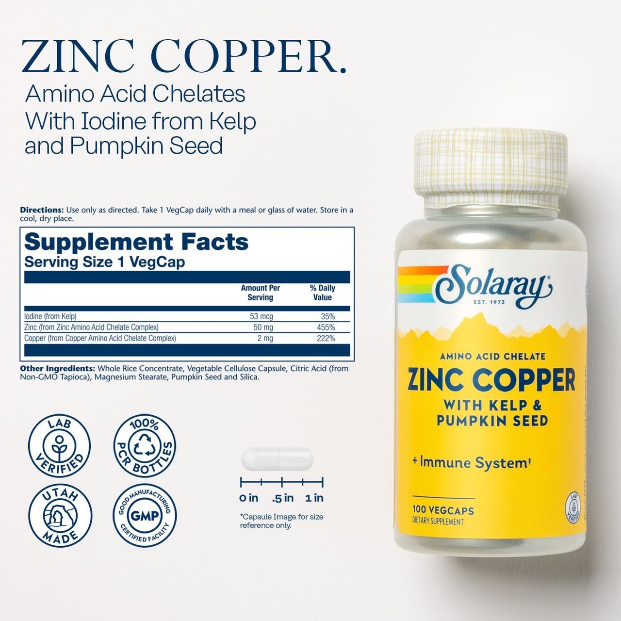SOLARAY Zinc Copper Amino Acid Chelate - Immune Support Supplement w/Chelated Zinc 50mg - Bone, Skin, Heart Health and Thyroid Support - with Iodine from Kelp, 60-Day Guarantee, 100 Serv, 100 VegCaps