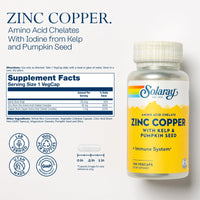 Thumbnail for SOLARAY Zinc Copper Amino Acid Chelate - Immune Support Supplement w/Chelated Zinc 50mg - Bone, Skin, Heart Health and Thyroid Support - with Iodine from Kelp, 60-Day Guarantee, 100 Serv, 100 VegCaps
