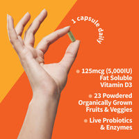 Thumbnail for Garden of Life Vitamin D, Vitamin Code Raw D3, Vitamin D 5,000 IU, Raw Whole Food Supplements with Chlorella, Fruit, Veggies & Probiotics for Bone & Immune Health, 60 Vegetarian Capsules