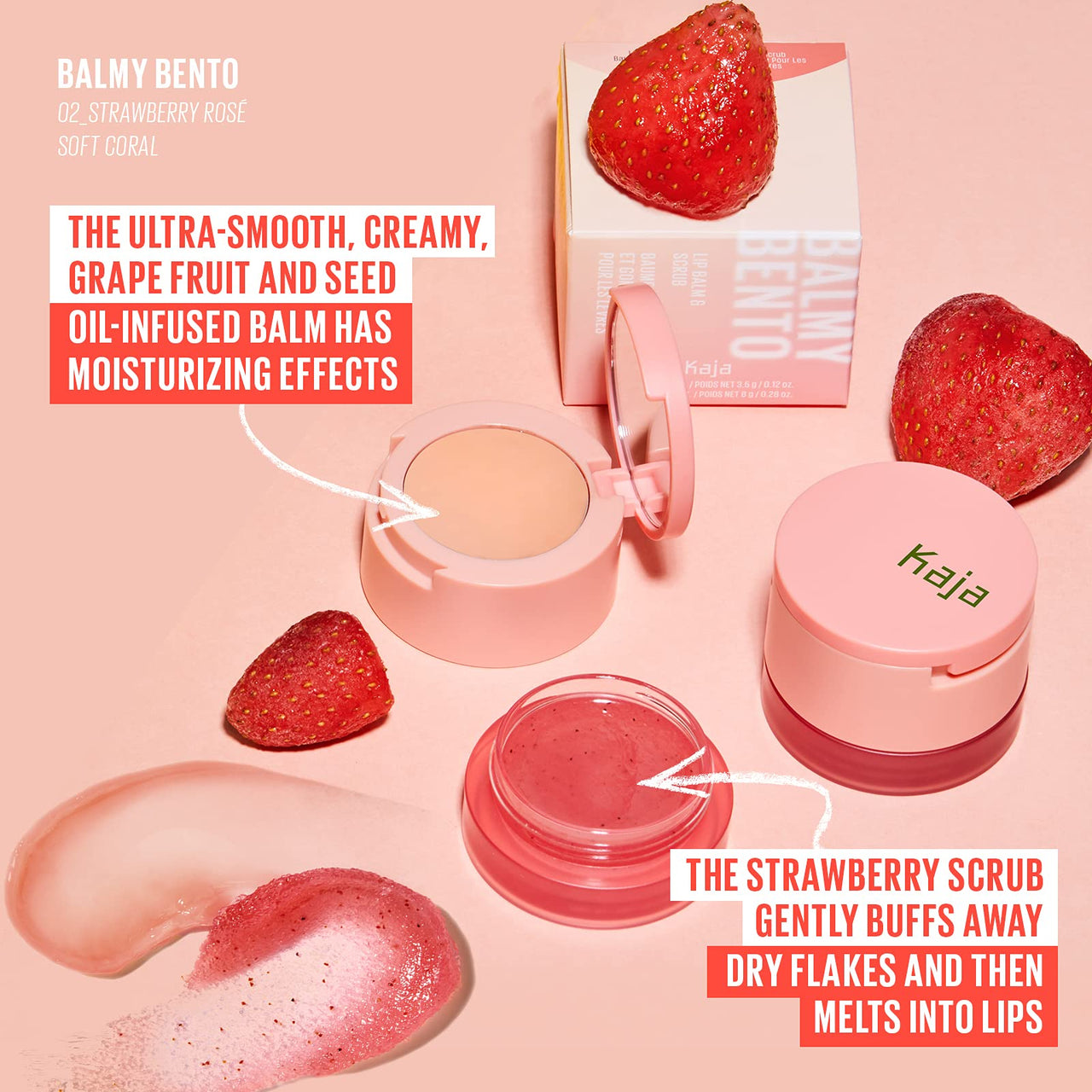 Kaja Lip Bento Balm + Scrub | with Coconut Oil, Coral Finish, Moisturize, Exfoliate, Smoothes Lips, Compact Travel Size, Strawberry Rosé, 0.4 Oz