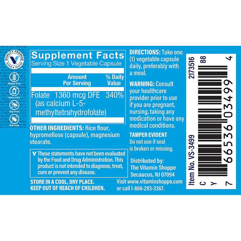 The Vitamin Shoppe Methylfolate for Women's Health Prenatal Support (60 Vegetable Capsules)