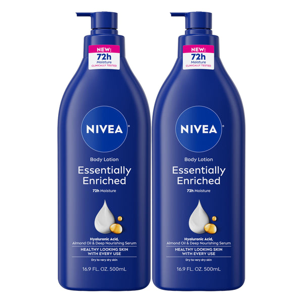 NIVEA Essentially Enriched Body Lotion for Very Dry Skin with Hyaluronic Acid, Almond Oil and Deep Nourishing Serum, 72-Hour Body Moisturizer, 16.9 Fl Oz Pump Bottle, Pack of 2