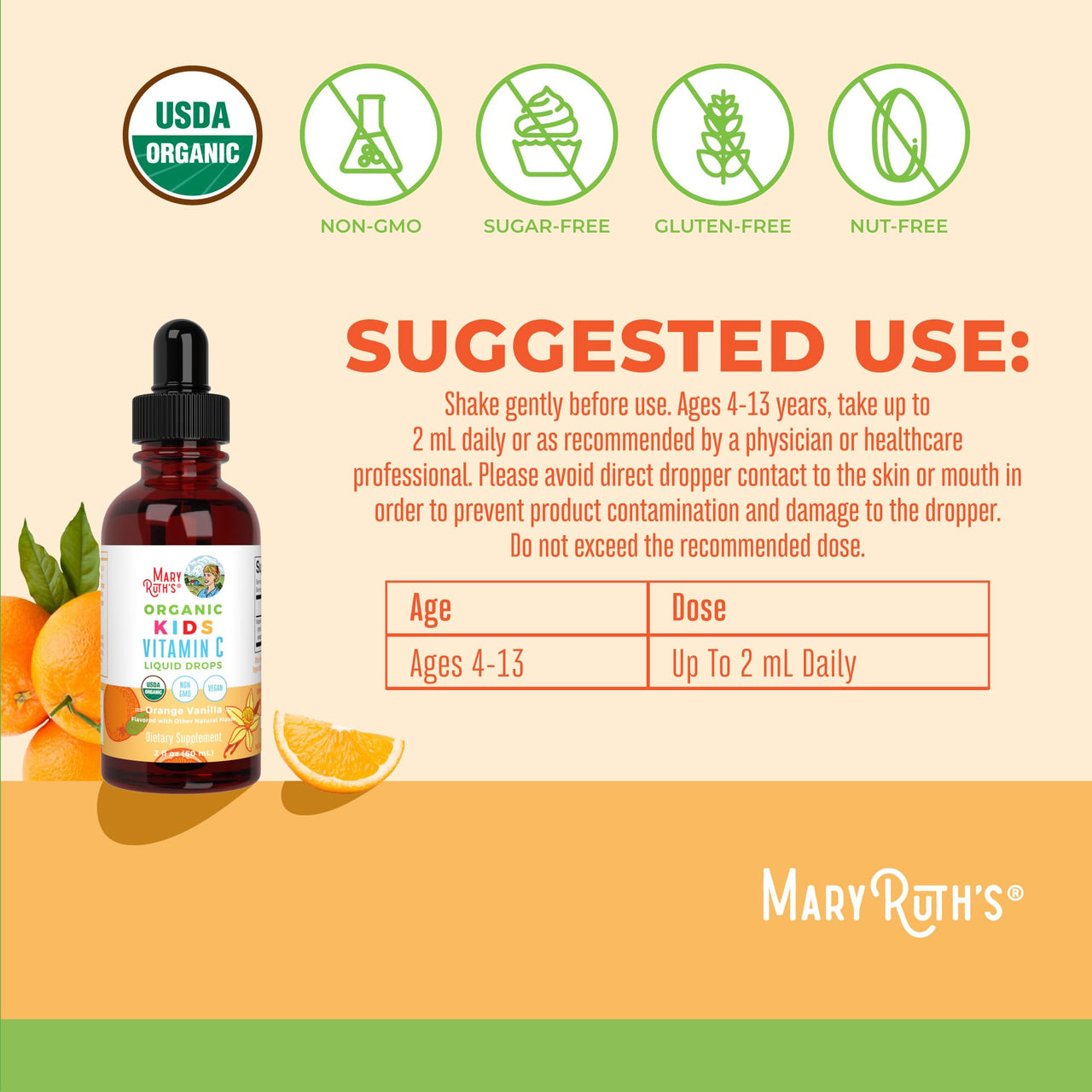 MaryRuth Organics USDA Kids Vitamin C Drops | Vegan Immune Support Supplement for Ages 4-13 | Immune Support & Overall Health | Vitamin C from Organic Acerola Fruit Extract | 2oz