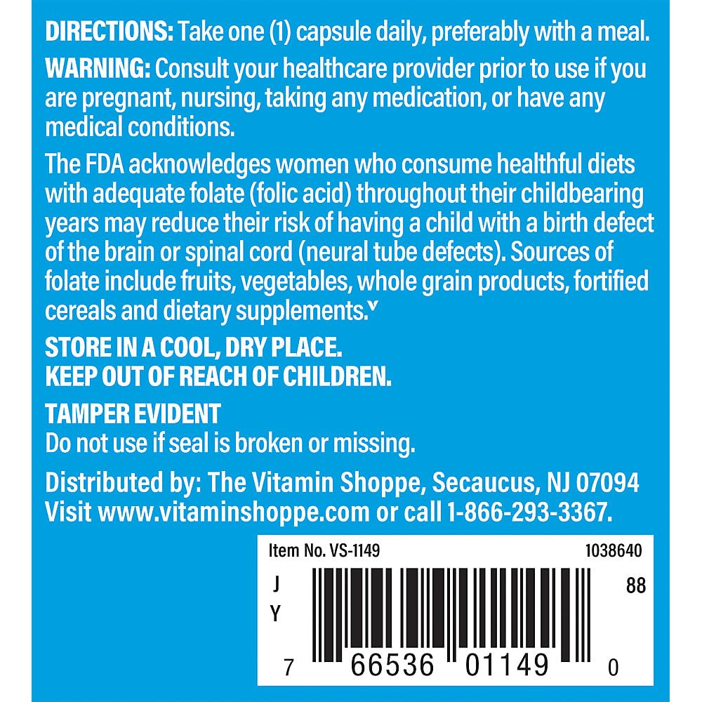The Vitamin Shoppe Folic Acid 800MCG, Supports Prenatal Fetal (300 Capsules)