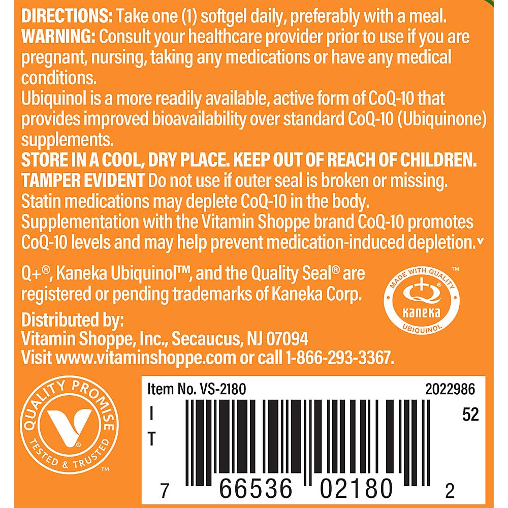 The Vitamin Shoppe Ubiquinol CoQ-10 100mg Beneficial for Those (60 Softgels)