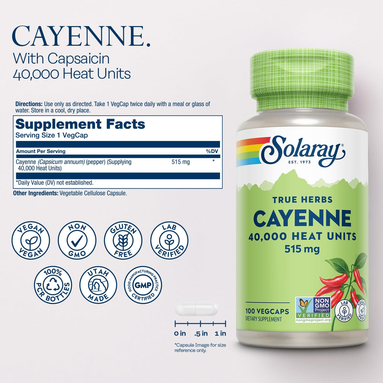 Solaray Cayenne 40,000 Heat Units - Cayenne Pepper Capsule Supplement for Women & Men, 515 mg per Capsule, Capsaicin Supplements, Health and Wellness Support - 100 Ct Veg Caps