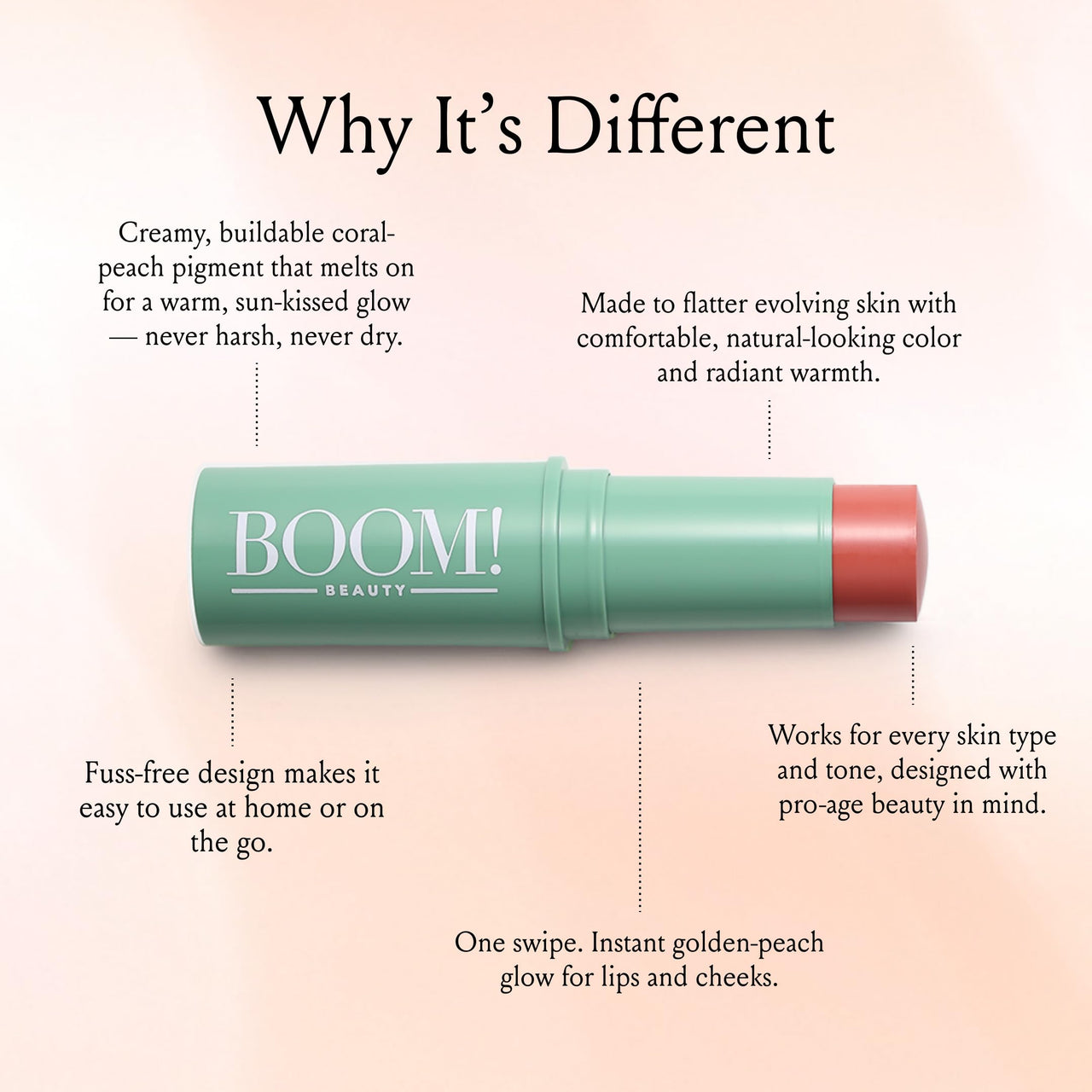Boomstick Golden Peach ™ - Warm, Coral-Peach Blush Stick and Lipstick - Multistick, Vegan, Makeup for Older Women and Mature Skin Boom Stick By Cindy Joseph
