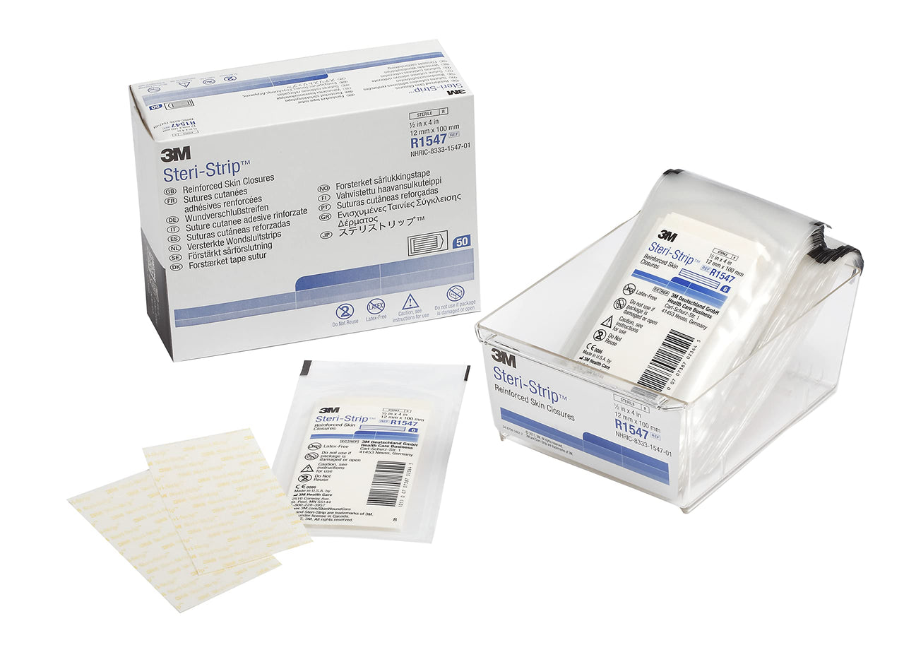3M™ Steri-Strip™ Reinforced Adhesive Skin Closures, R1547, 1/2 in x 4 in (12 mm x 100 mm), 50 Bag/Carton, 4 Carton/Case